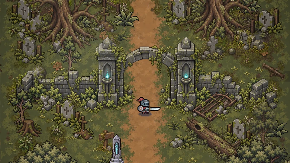 Graveyard entrance with two blue flames and a stone arch.